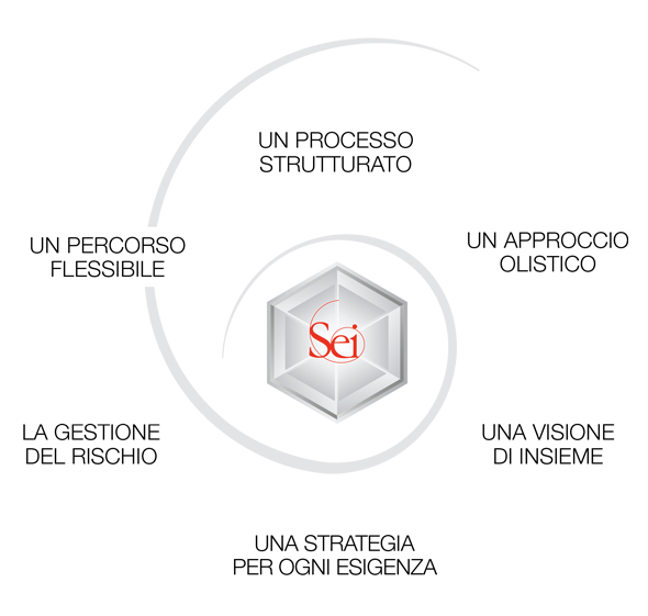 Logo Sei e caratteristiche del servizio: un processo strutturato, un approccio olistico, una visione d'insieme, una strategia per ogni esigenza, la gestione del rischio e un percorso flessibile.
